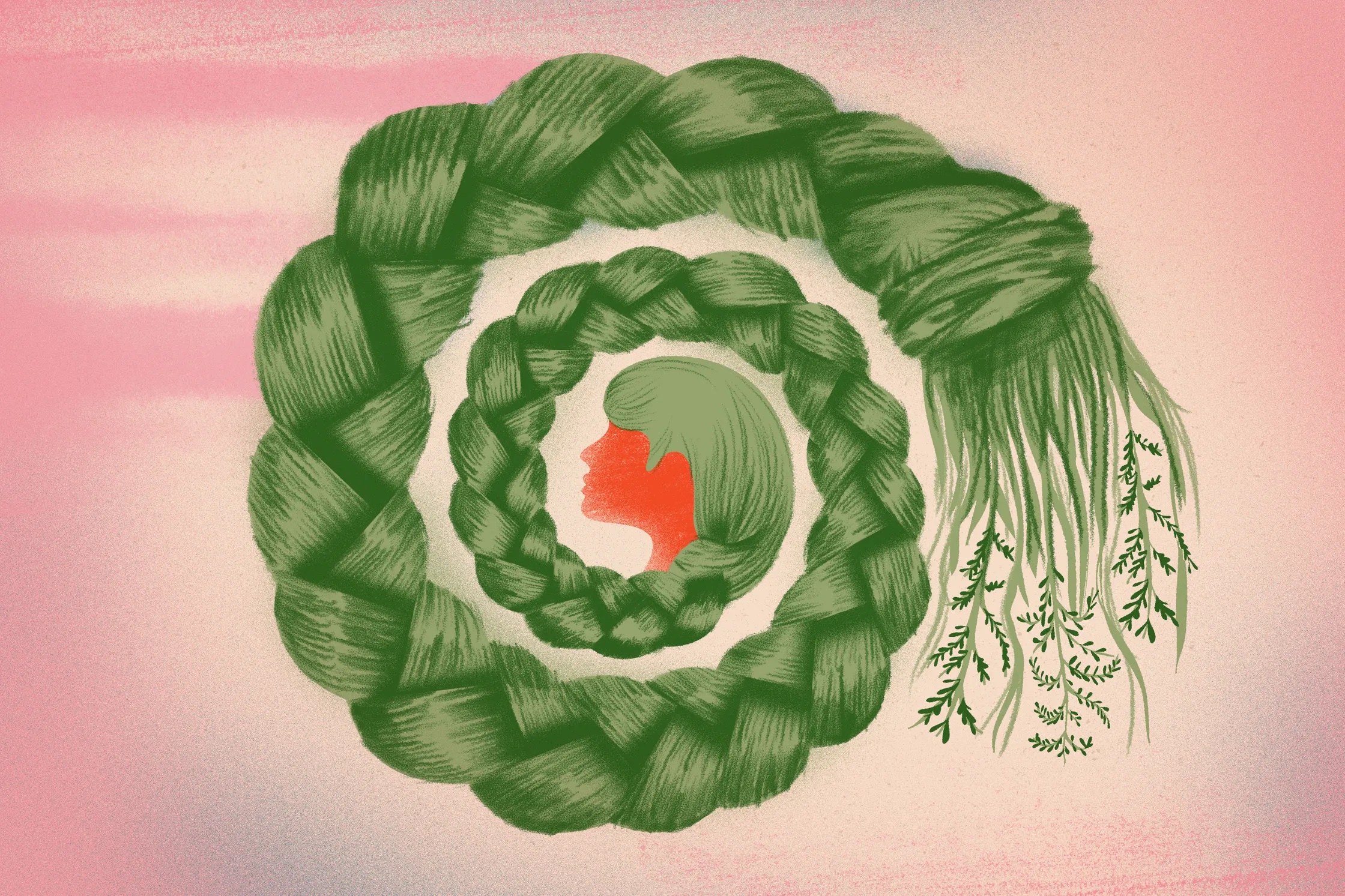 Illustration of woman whose braid turns into sweetgrass